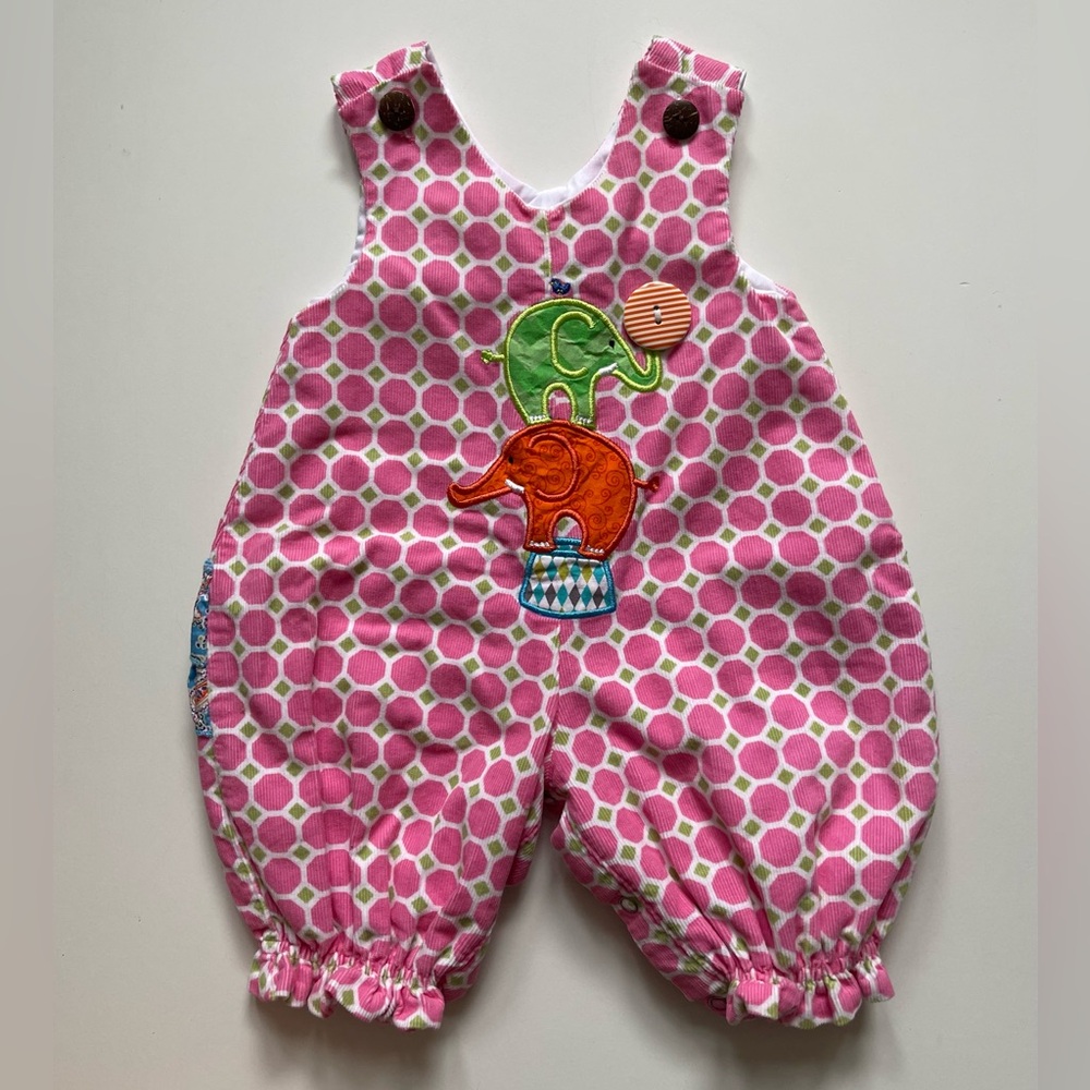 La Jenns Girls Corduroy Print Romper with Circus Elephant Appliqué - Size 9M
